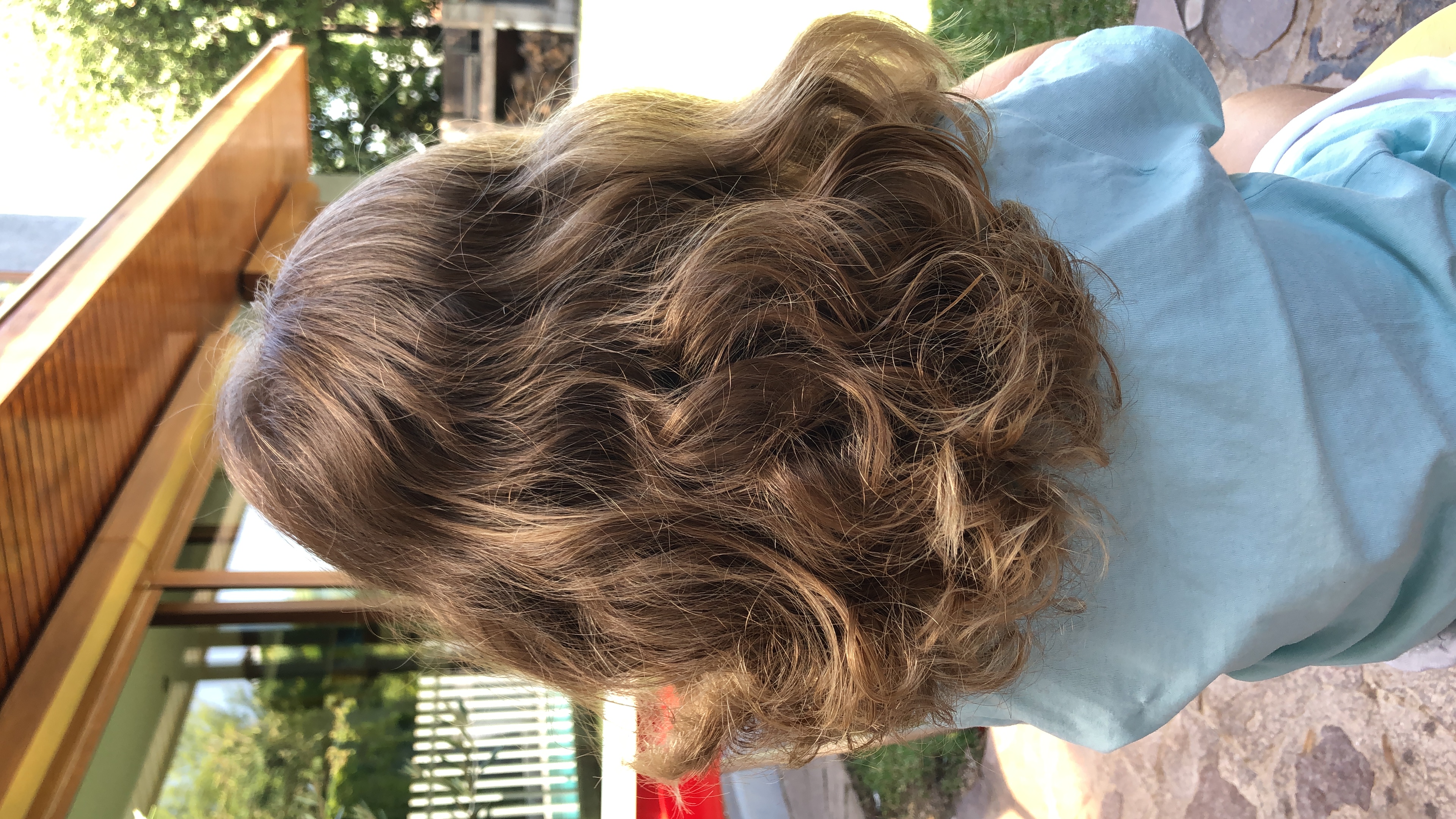 Cabello largo y rizado visto desde atrás después del corte.